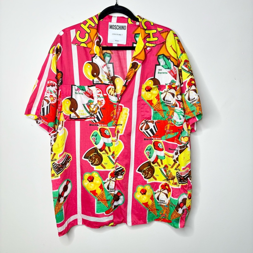 Moschino Pink Yellow Green Novelty Print Button-Down Shirt